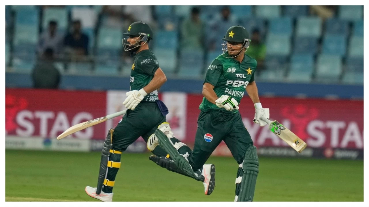 Pakistan&#039;s Hasan Nawaz and Fakhar Zaman in action  during the Asia Cup cricket match between Pakistan and UAE on Sept. 17.