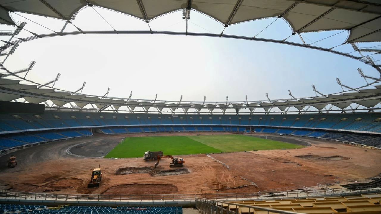 A view inside the JLN Stadium as the renovation work is in progress in New Delhi, India.