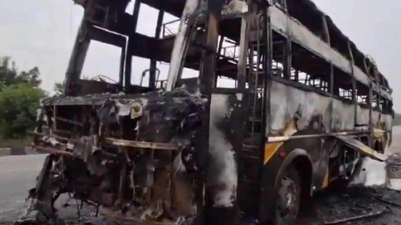 Vihari Travels AC sleeper bus completely gutted in fire near Veliminedu, Chityal mandal. 