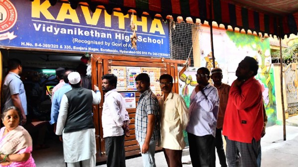 Voters queue at polling station in Borabanda neighbourhood of Jubilee Hills Assembly constituency 