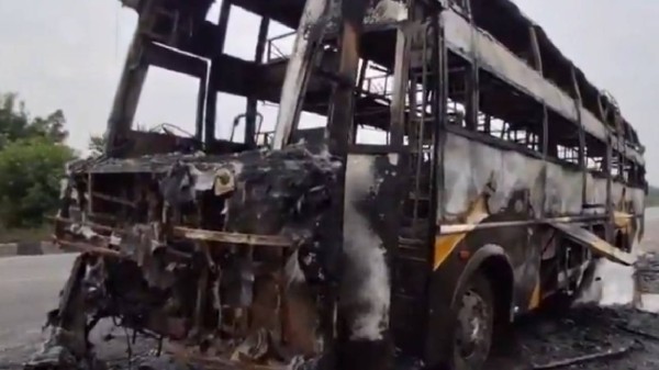 Vihari Travels AC sleeper bus completely gutted in fire near Veliminedu, Chityal mandal. 