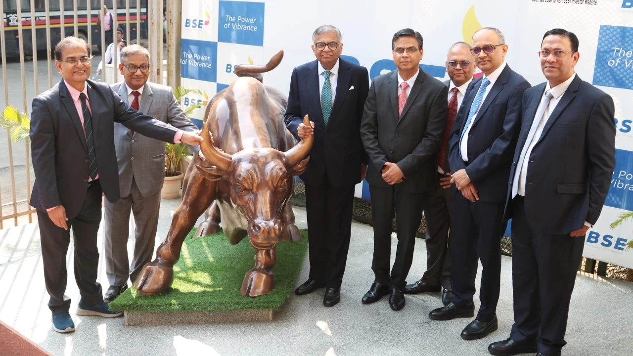 N Chandrasekaran, Chairman, Tata Motors Limited, and other officials attend the bell ringing ceremony of Tata Motors Limited