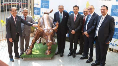 N Chandrasekaran, Chairman, Tata Motors Limited, and other officials attend the bell ringing ceremony of Tata Motors Limited