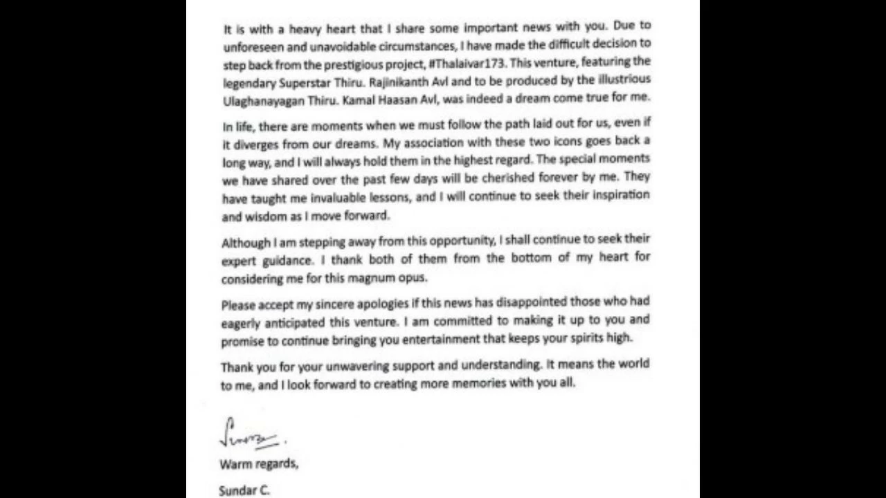 Sundar C backs out of Rajinikanth and Kamal Haasan's Thalaivar 173.