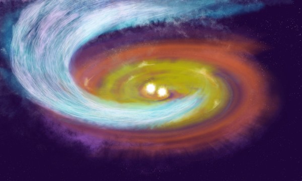 Illustration of a spiral gas streamer transporting material to a newborn star system. 