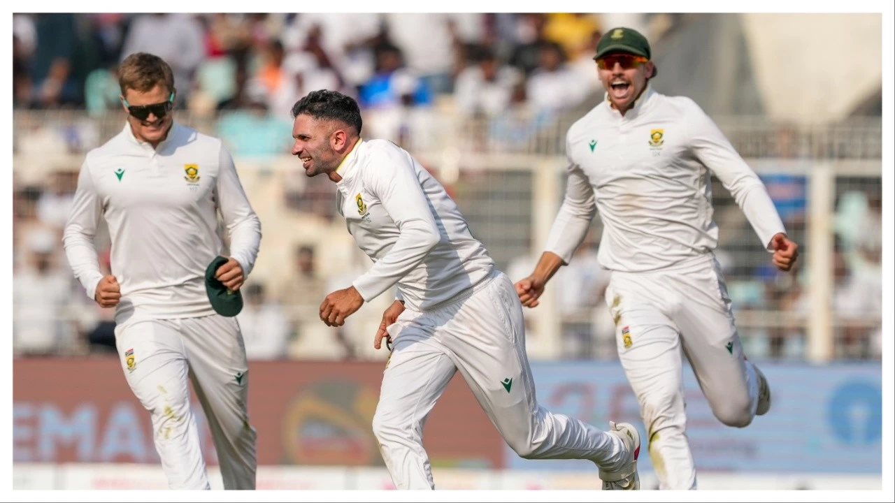 South Africa&#039;s Keshav Maharaj celebrates in Kolkata on Sunday