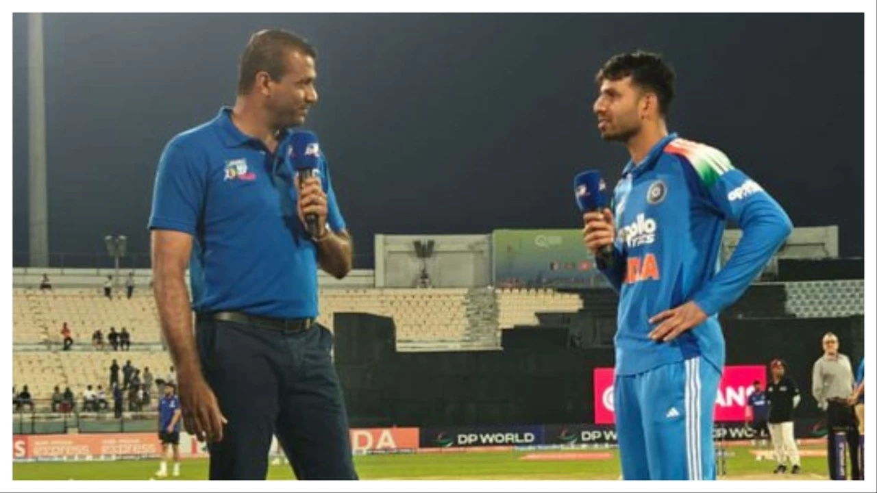 India A skipper Jitesh Sharma at the toss on Sunday. 