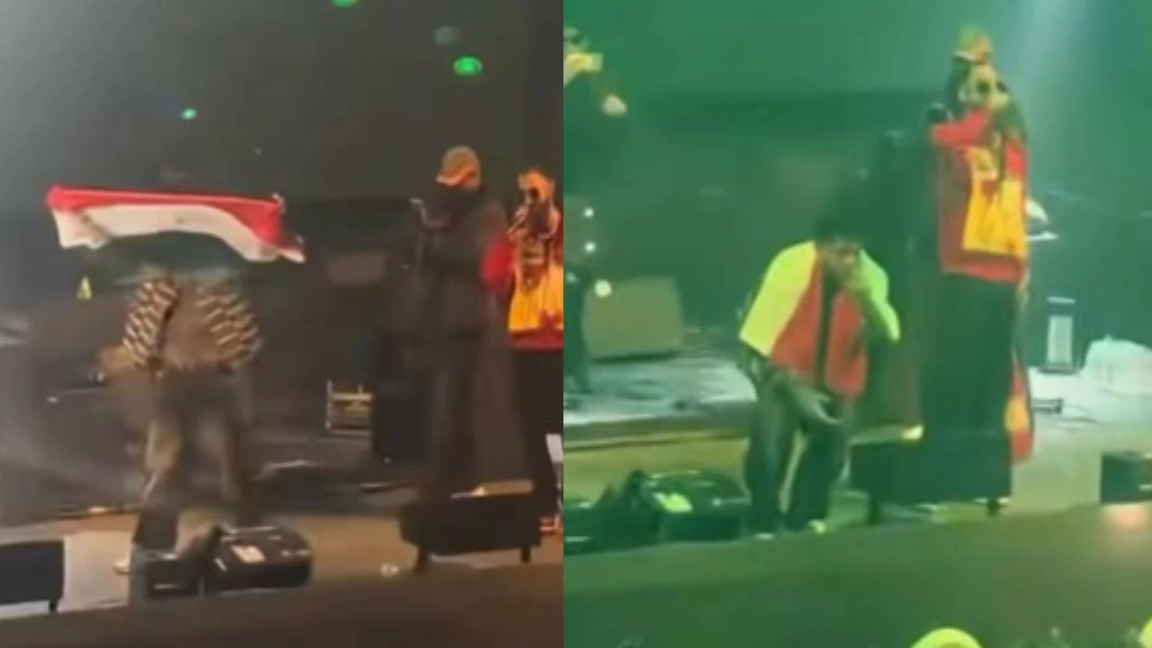 Pakistani rapper Talha Anjum waves the Indian flag on stage in Nepal.
