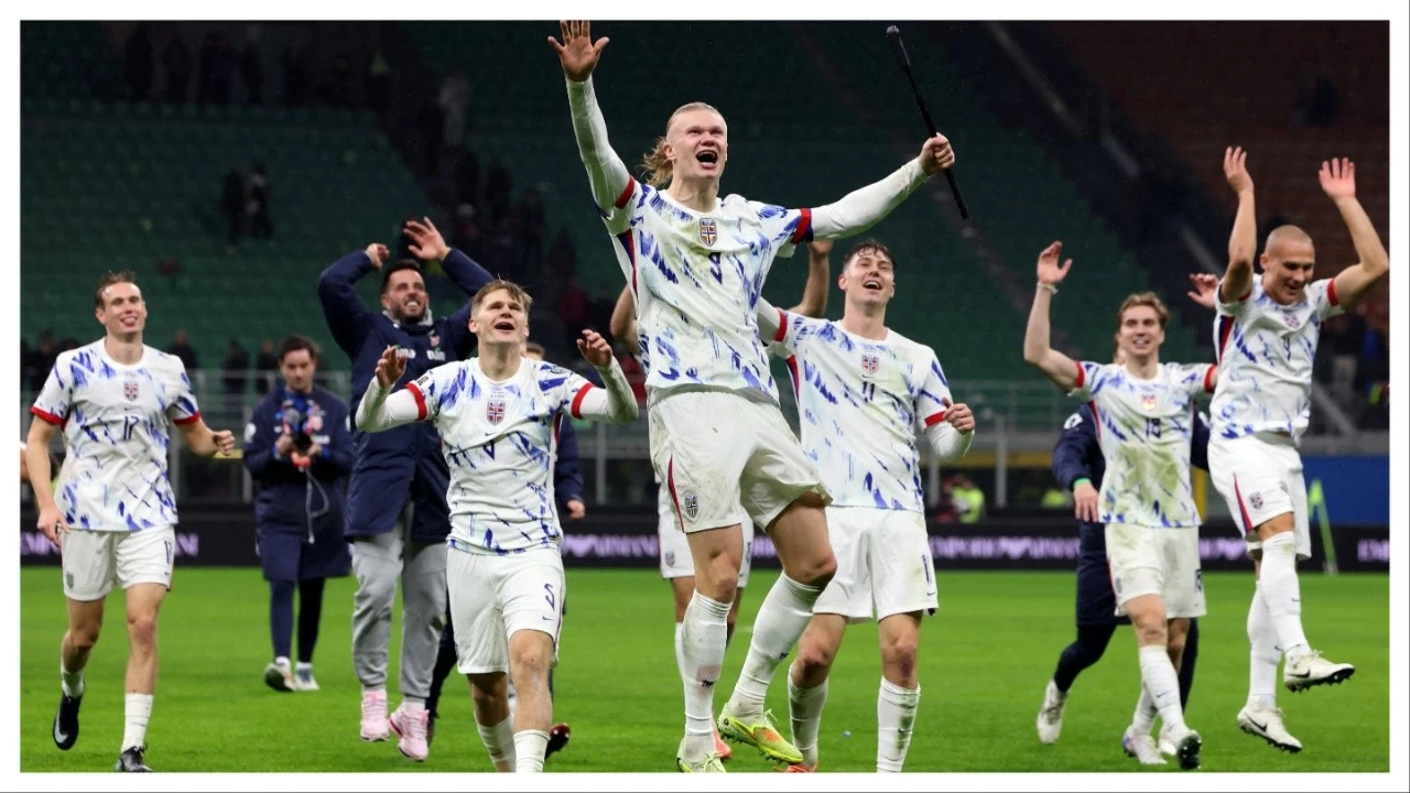 Norway&#039;s Erling Haaland and teammates celebrate on Sunday.