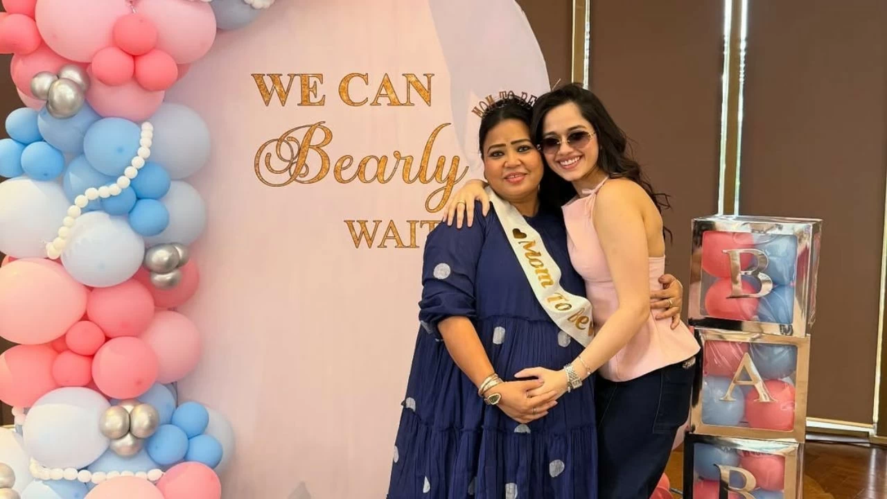 Bharti looked radiant in a navy-blue maxi dress paired with a "Mom To Be" sash, while the backdrop bore a fun message saying, "We can bearly wait.''
