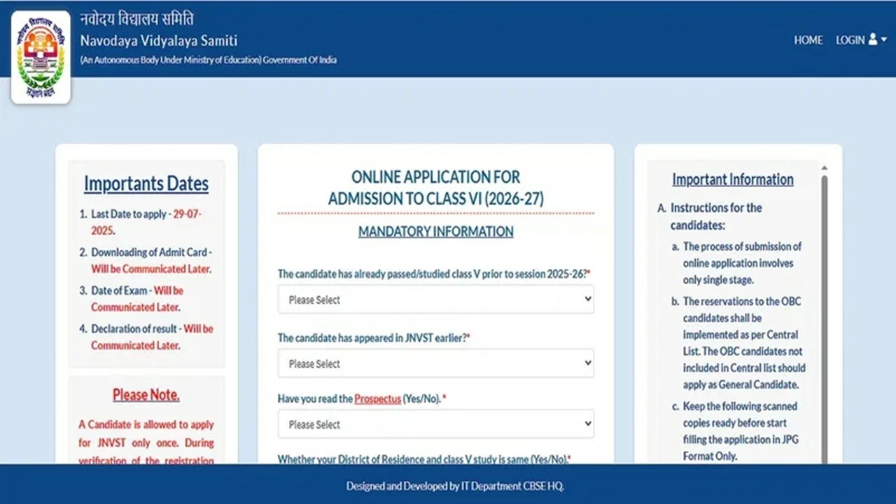 JNVST Class 6 exam 2026