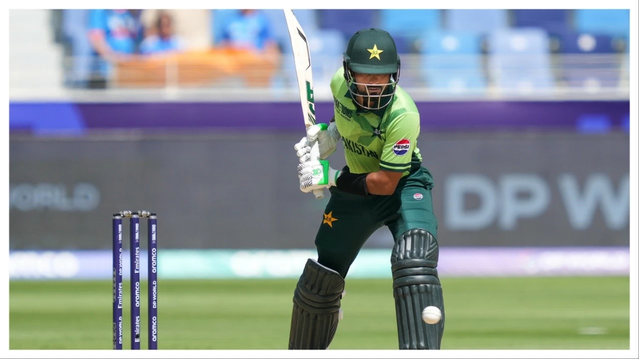 Babar Azam plays a shot during a Champions Trophy match between India and Pakistan in Dubai on Feb. 23.