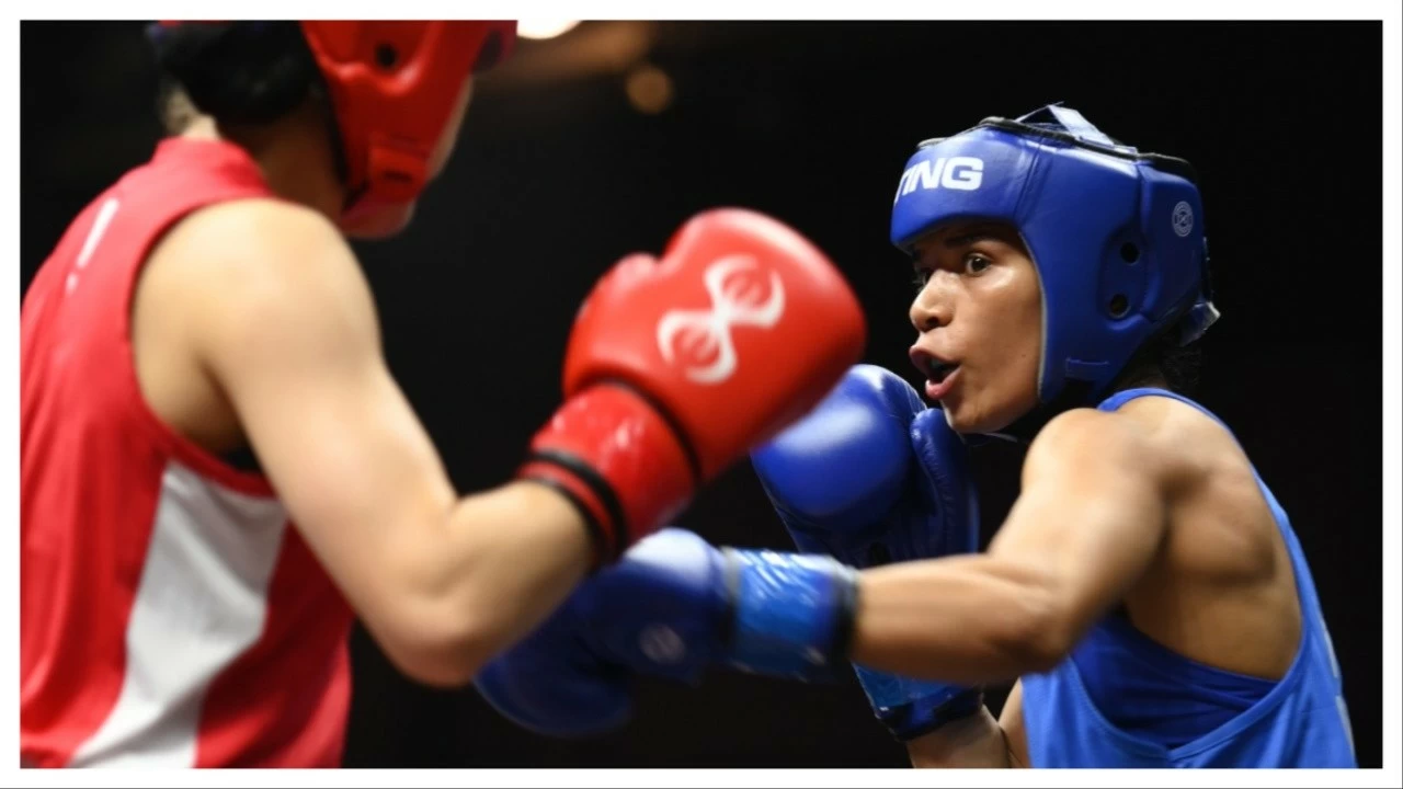 Nikhat Zareen in action on Wednesday.