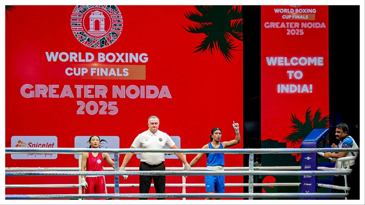 Nikhat Zareen celebrates her win on Thursday.