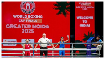 Nikhat Zareen celebrates her win on Thursday.