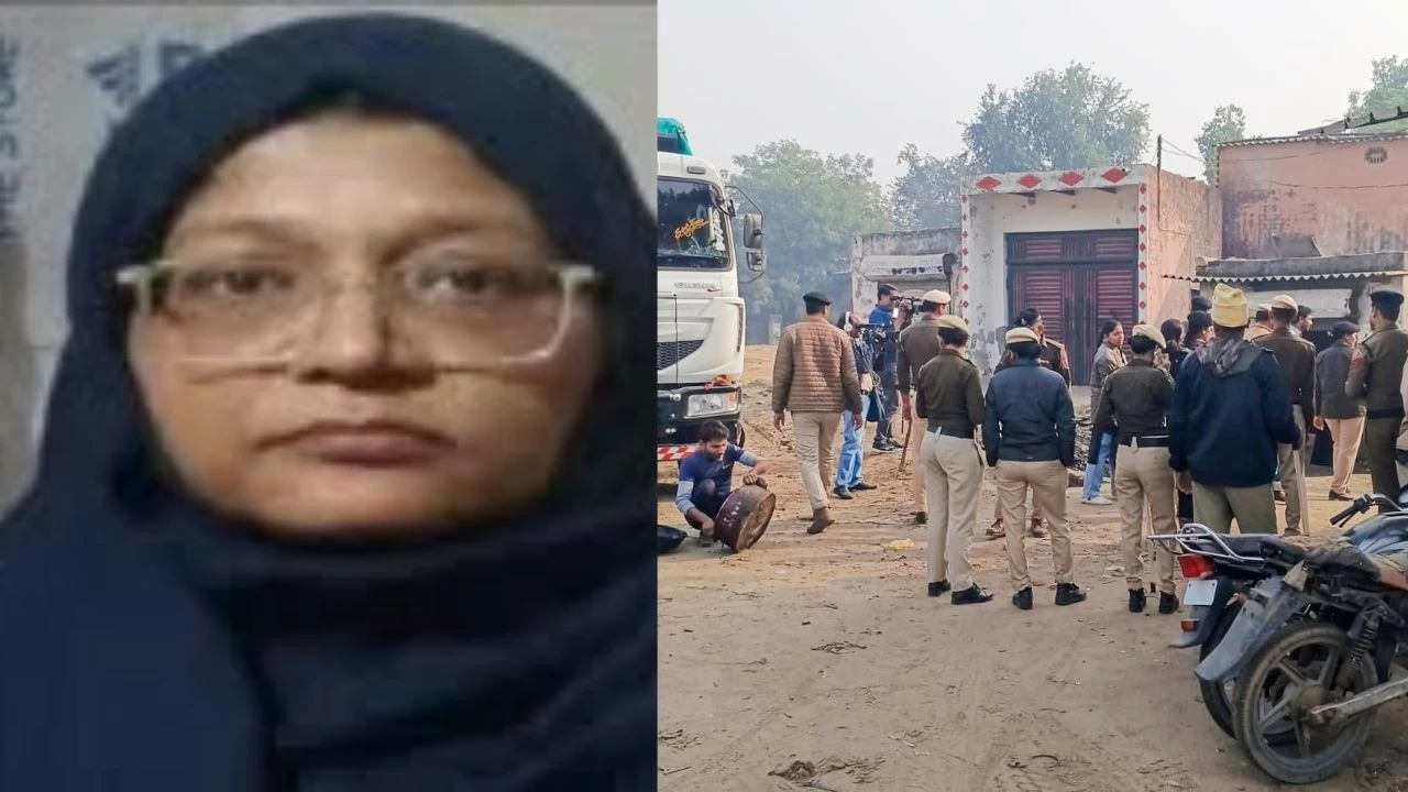 Dr Shaheen (left) who was arrested for involvement in the Delhi blast and police personnel conducting a combing operation amid a high alert in Faridabad (right) 