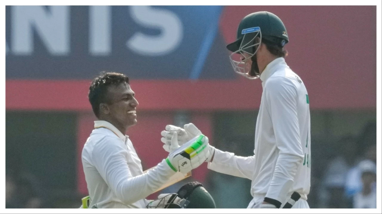 South Africa&#039;s Senuran Muthusamy (left) with Marco Jansen celebrates in Guwahati on Sunday.