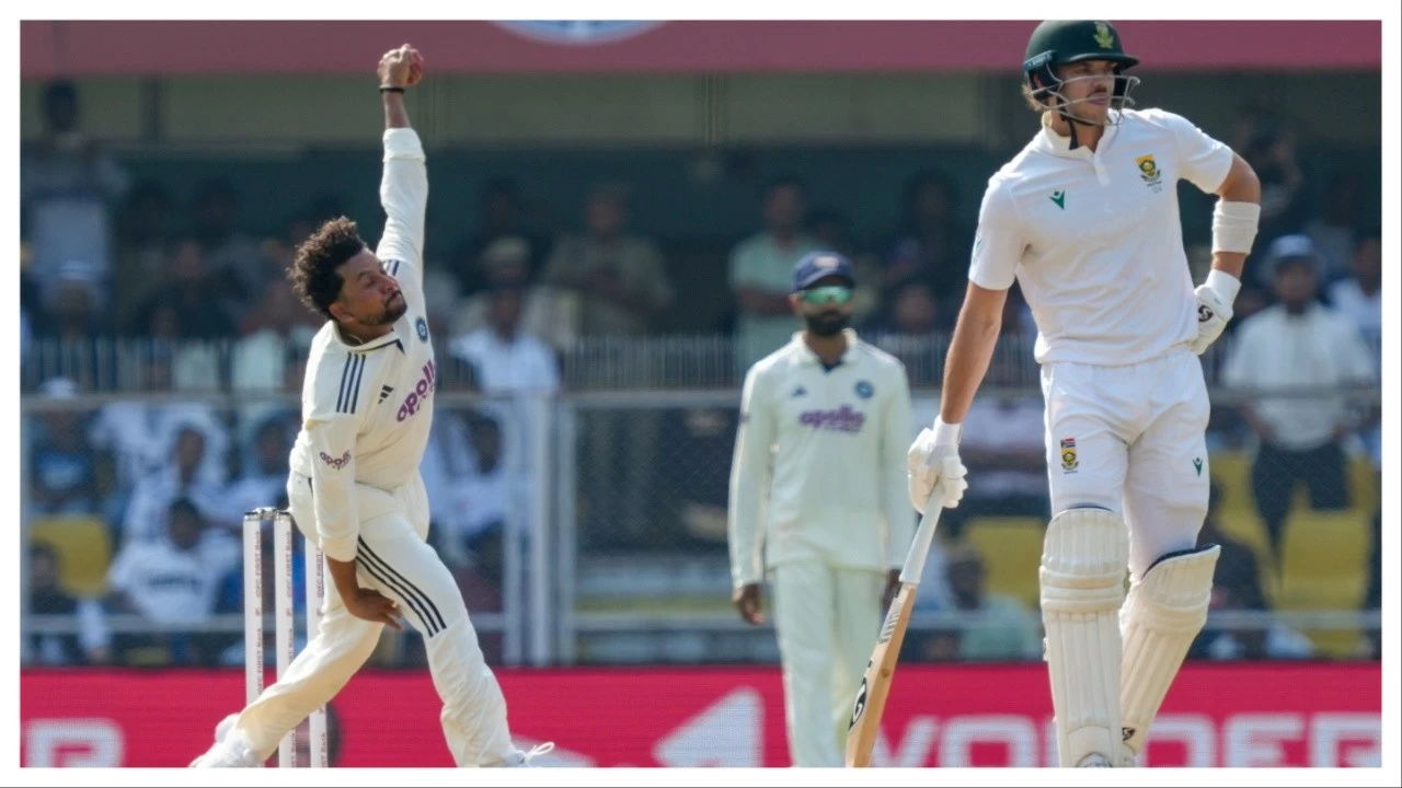 Kuldeep Yadav bowls in Guwahati on Saturday.