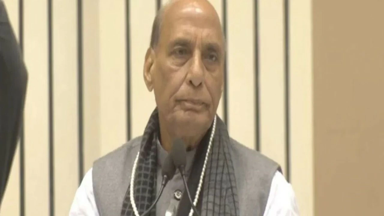 Union Defence Minister Rajnath Singh speaks during the &#039;Sindhi Samaj Sammelan&#039; in New Delhi on Sunday.