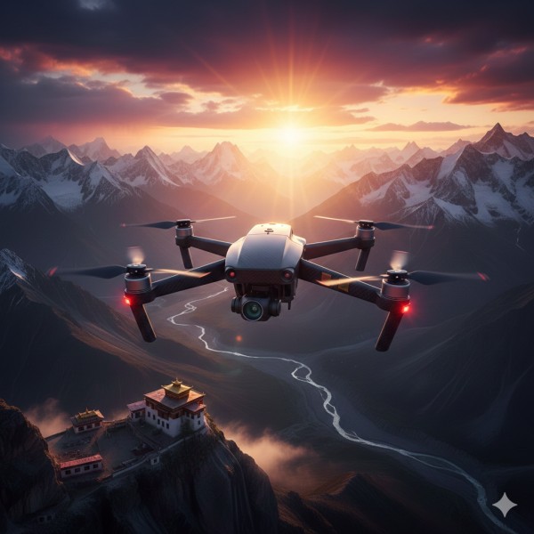 A drone flying in a remote region. 