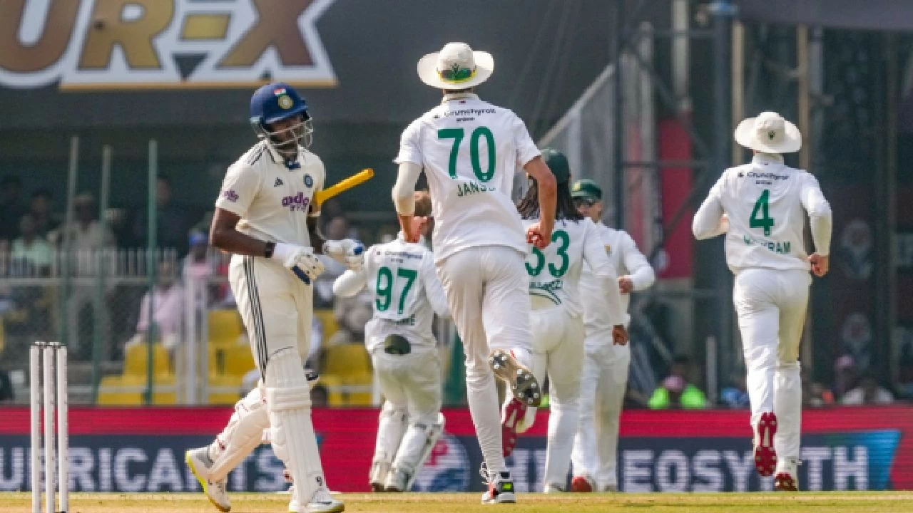 South African players celebrate after dismissing Sai Sudharsan in 2nd Test at Guwahati