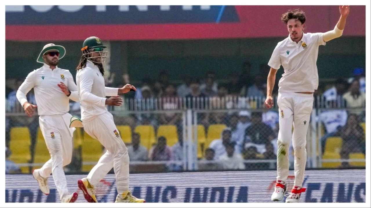 South Africa&#039;s Marco Jansen celebrates in Guwahati on Monday. 