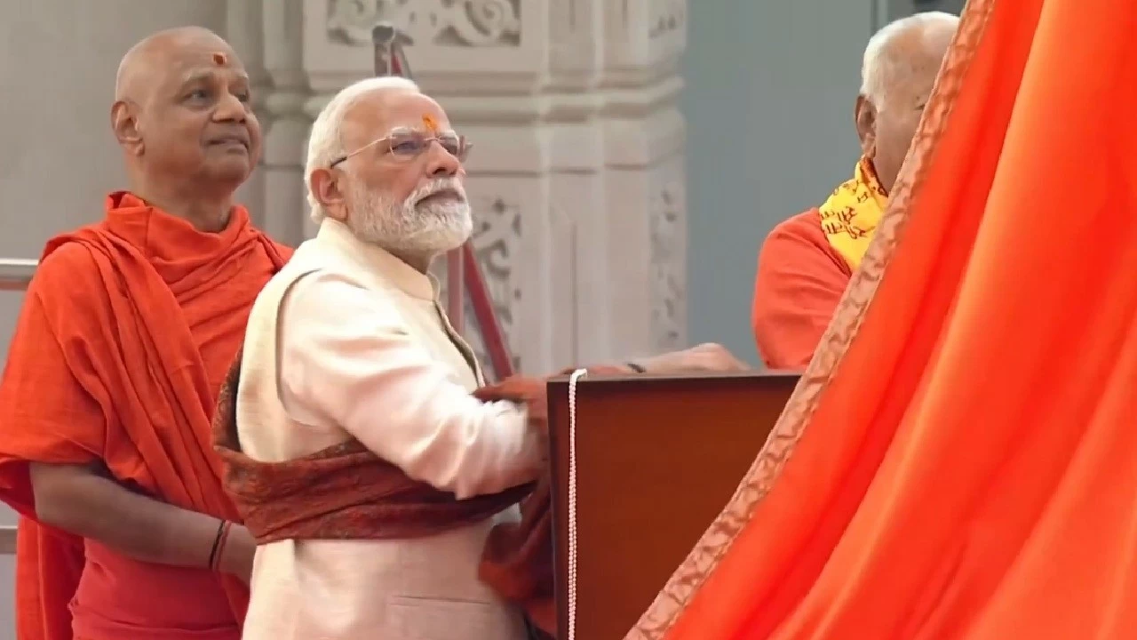PM Modi hoisted the saffron flag, measuring 22 feet in length and 11 feet in width, atop 161-foot spire