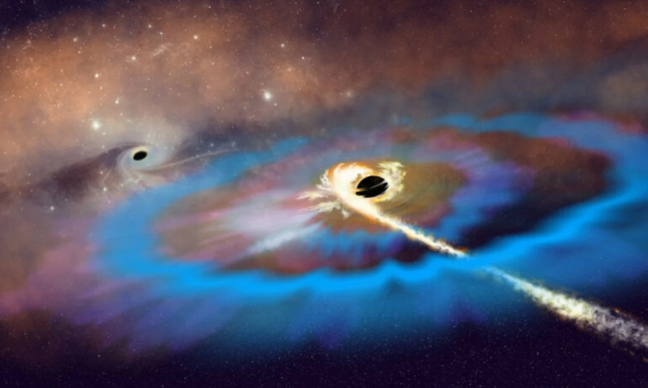 Illustration of a pair of black holes, one of which is gobbling up a star.  