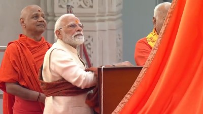 PM Modi hoisted the saffron flag, measuring 22 feet in length and 11 feet in width, atop 161-foot spire