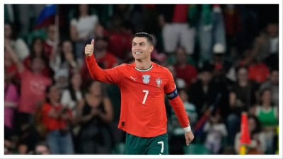 Portugal&#039;s Cristiano Ronaldo celebrates after scoring during a World Cup 2026 qualifier against Hungary in Lisbon on Oct. 14.