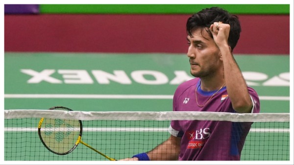 Lakshya Sen celebrates at the Syed Modi International badminton tournament in Lucknow on Nov. 28, 2024.