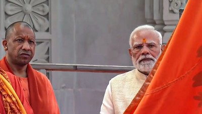 Prime Minister Narendra Modi with Uttar Pradesh Chief Minister Yogi Adityanath during the Dhwajarohan ceremony at the Ram Temple. (Photo credit: PTI)