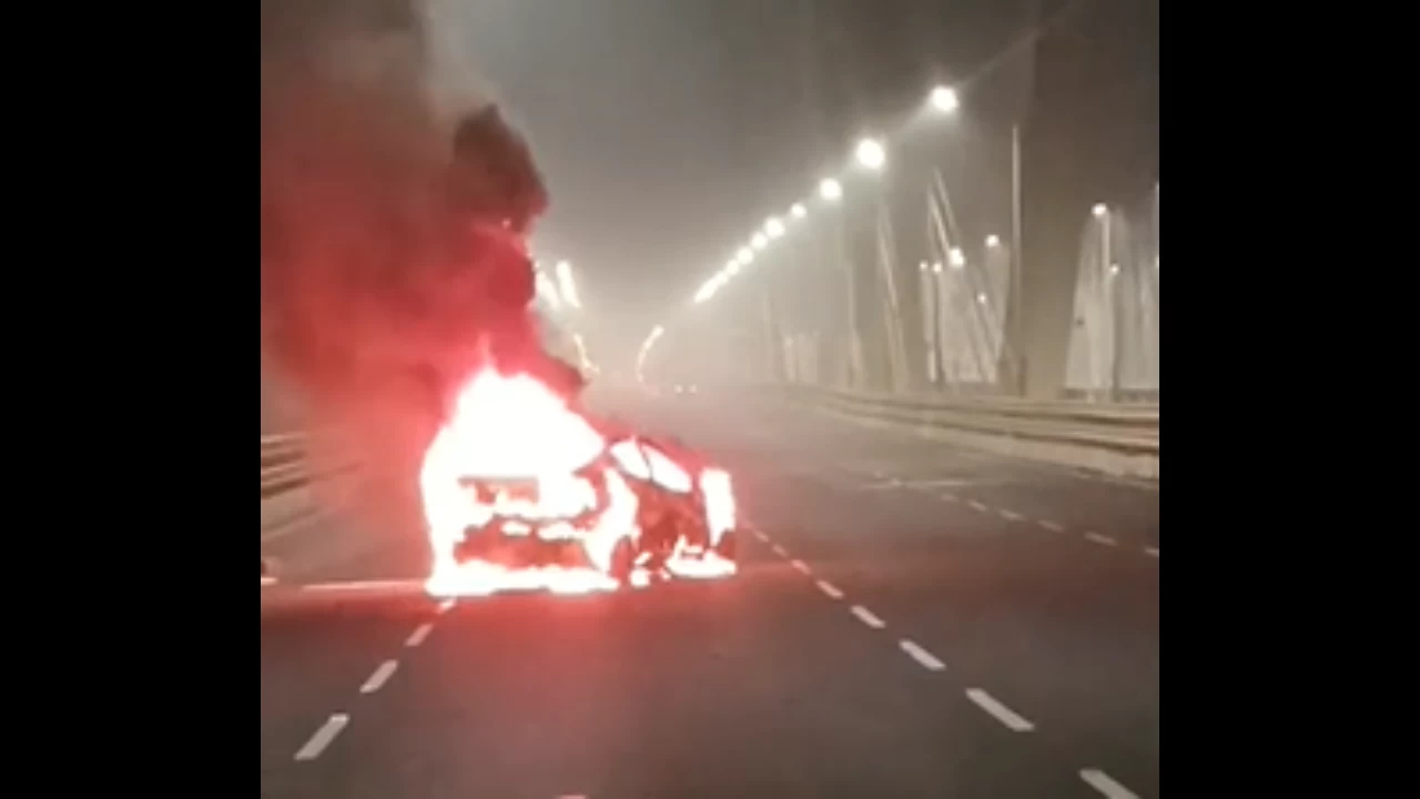 The car caught fire on the road causing traffic disruption. (Photo credit: Screengrab)