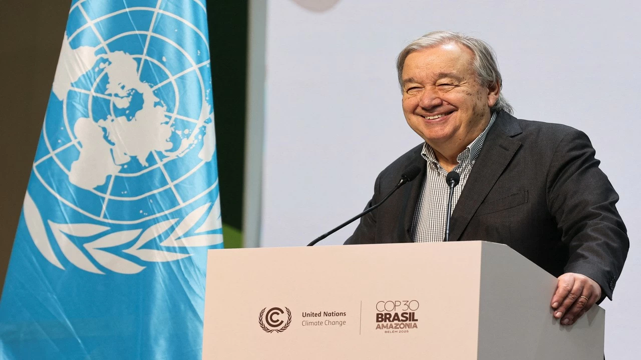 United Nations Secretary-General Antonio Guterres attends a press conference, during COP30 in Belem.