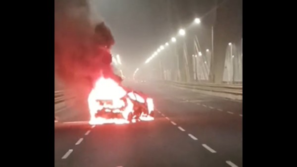 The car caught fire on the road causing traffic disruption. (Photo credit: Screengrab)