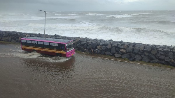 A view of the sea off the Ennore High Road in Chennai on Sunday ahead of Cyclone Ditwah crossing the Tamil Nadu coast.
