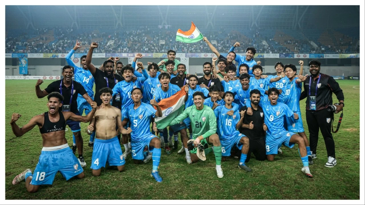 Indian U-17 players celebrate after beating Iran.