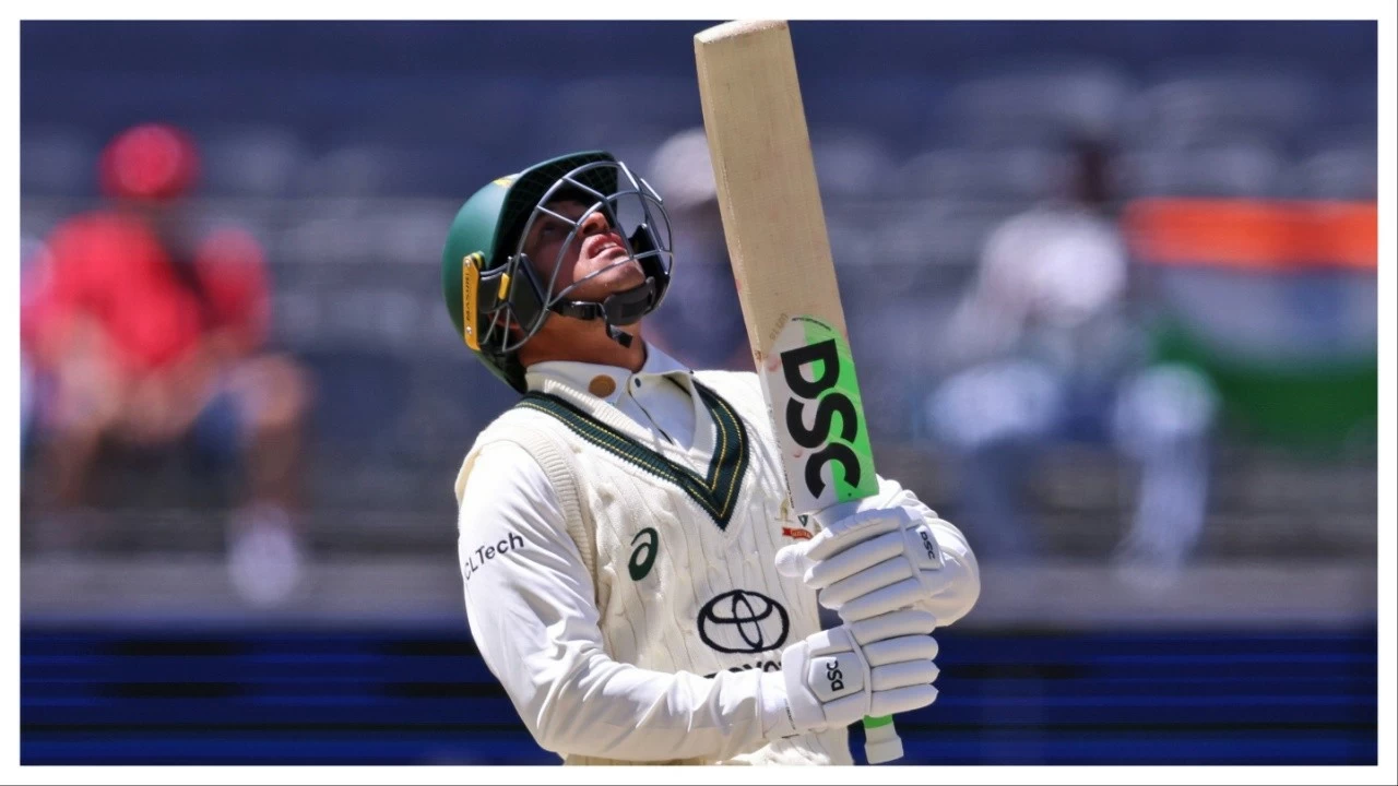 Usman Khawaja reacts after losing his wicket in the first Test between Australia and India in Perth on Nov. 25, 2024.
