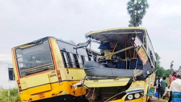 Mangled remains of the 2 buses involved in the accident 