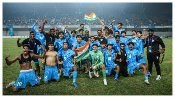 Indian U-17 players celebrate after beating Iran.