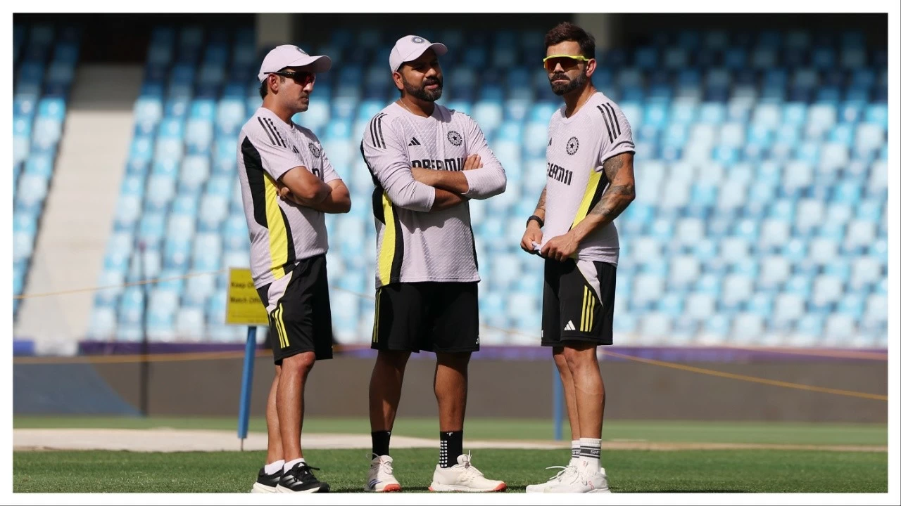 Rohit Sharma (centre), Virat Kohli (right) and Gautam Gambhir inspect the pitch at Dubai International Stadium on March 8.