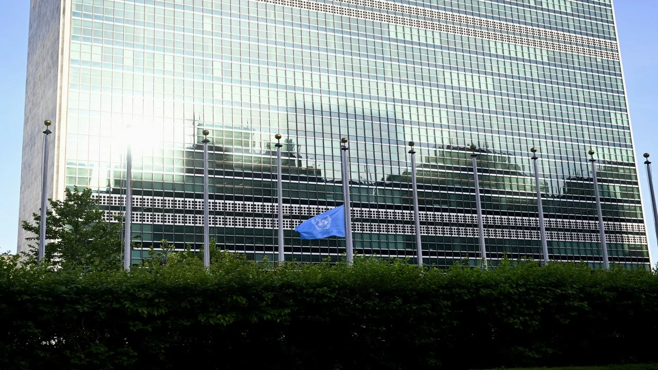 The United Nations (UN) flag is lowered to half-mast at the headquarters in New York, United States.