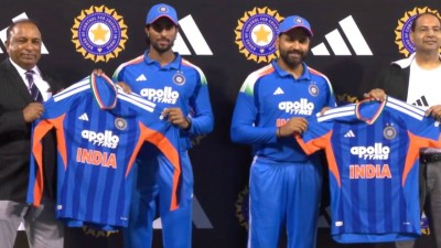 Rohit Sharma, Tilak Varma unveil India&#039;s new jersey for 2026 T20 World Cup.
