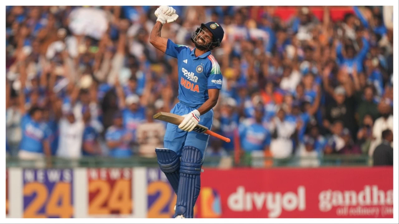Ruturaj Gaikwad celebrates his century during the second ODI between India and South Africa in Raipur, Chhattisgarh on Wednesday.
