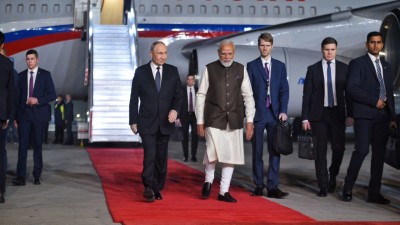 PM Modi and Russian President Vladimir Putin at the Delhi airport. (Photo credit: X)