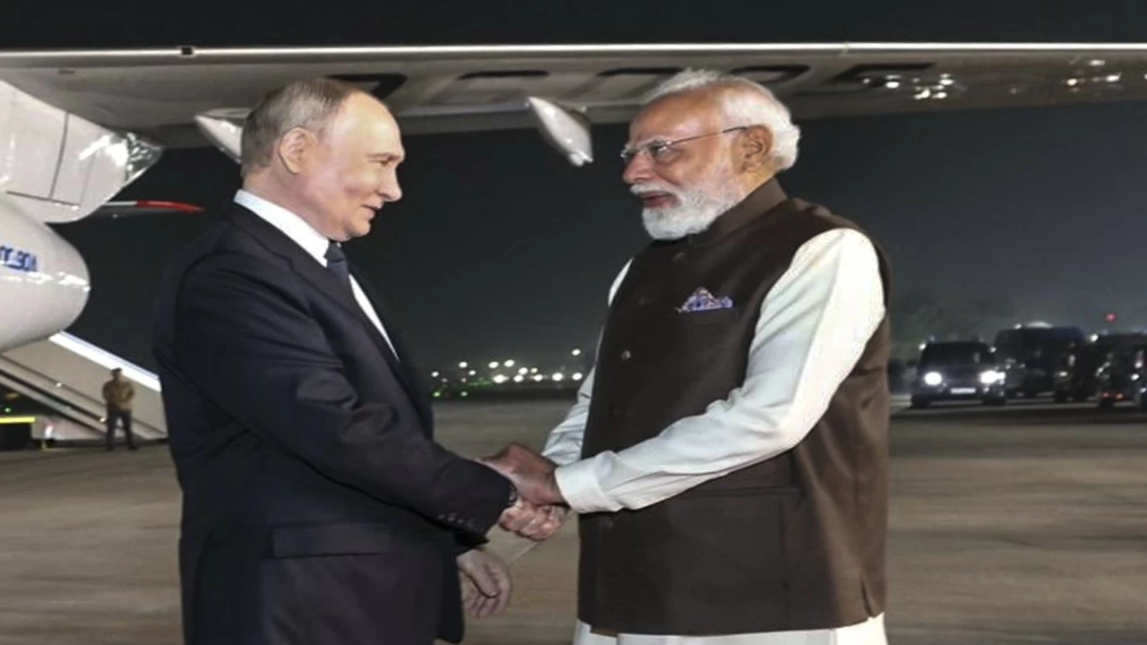 Prime Minister Narendra Modi receives Russian President Vladimir Putin upon latter&#039;s arrival in New Delhi. (@narendramodi/X via PTI Photo)