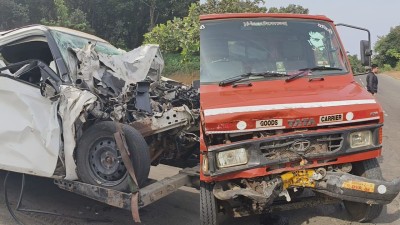 The mangled remains of the cr and the truck which collided with each other in Lonavala, Maharashtra on Saturday 