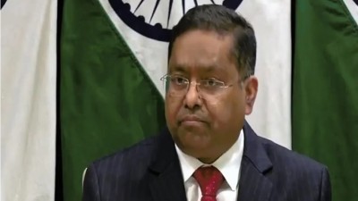 MEA spokesperson Randhir Jaiswal addressing a press conference in New Delhi on Monday.