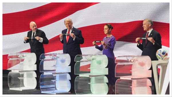 Canadian Prime Minister Mark Carney, Mexican President Claudia Sheinbaum, President Donald Trump and FIFA President Gianni Infantino during the World Cup draw  on Dec. 5.
