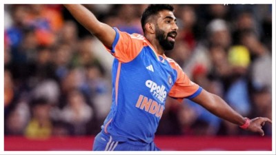 Jasprit Bumra celebrates on Tuesday.